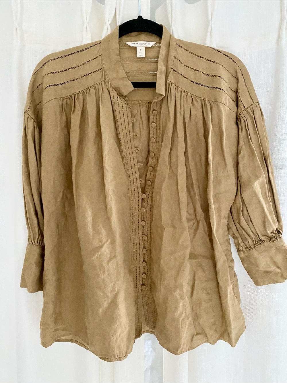 Banana Republic Camel Tan Linen Button-Front Peasant Blouse